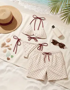 Red Polka Dot Romantic Couples Swimwear Set - Women’s Triangle String Bikini, Men’s Matching Polyester Thick Fabric Drawstring Mesh Swim Shorts, Beachwear for Summer Vibes, Swimsuit fathersdaygiftideas