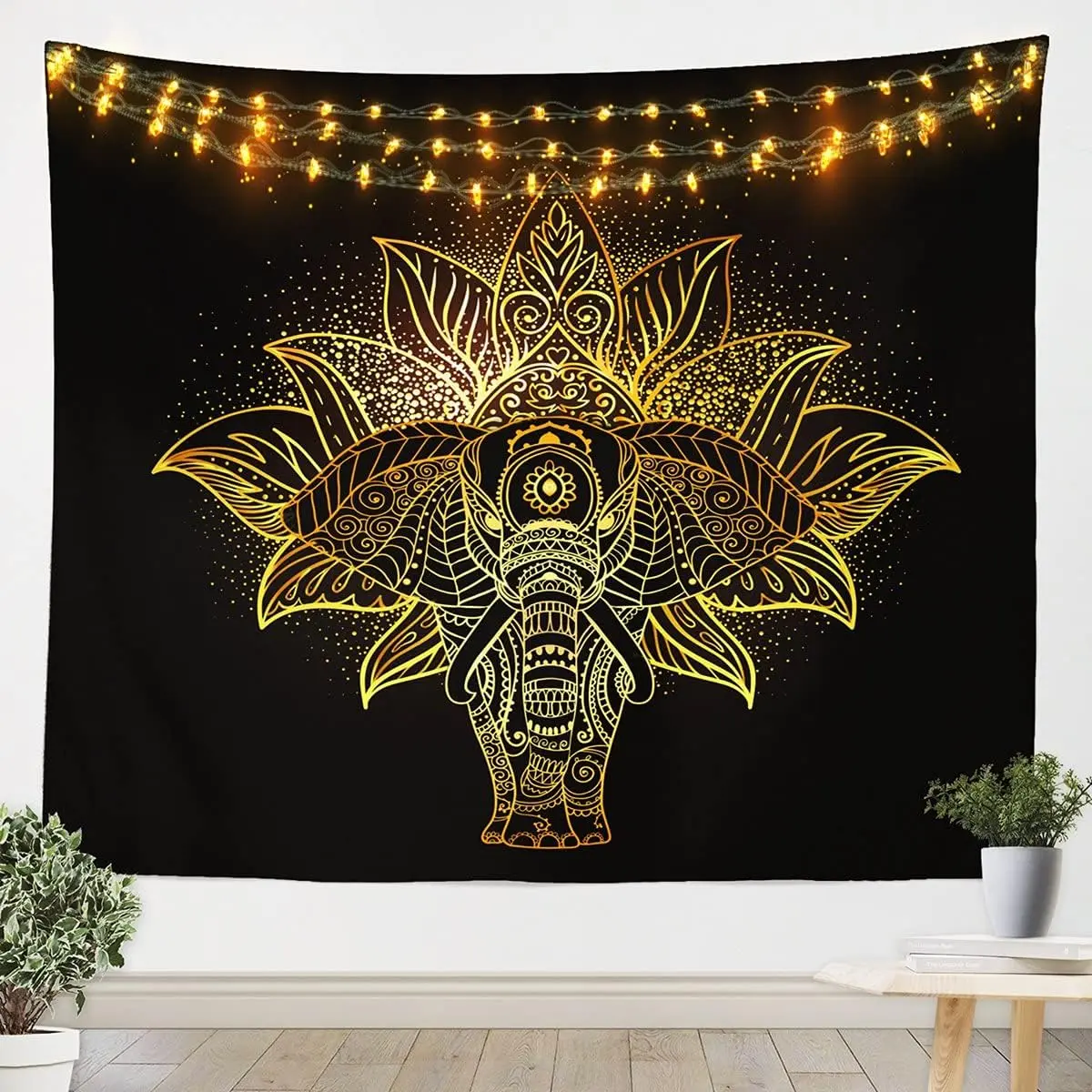 Feelyou Gold Elephant Boho Tapestry Wall Hanging - Synthetic, Soft Tribal Ethnic 59inW x 82inL Black Accent Decor Accessory, Machine Washable Lightweight Tapestry Wall Mural, Colorful Textured Animal Art for Apartment Room Decorations, Home Aesthetic Use,