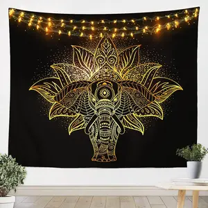 Feelyou Gold Elephant Boho Tapestry Wall Hanging - Soft Tribal Ethnic 59inW x 82inL Black Accents Room Decor, Machine Washable Lightweight Mural, Colorful Textured Animal Figurine Artwork Print for Indoor Use, Black Accents Tapestries