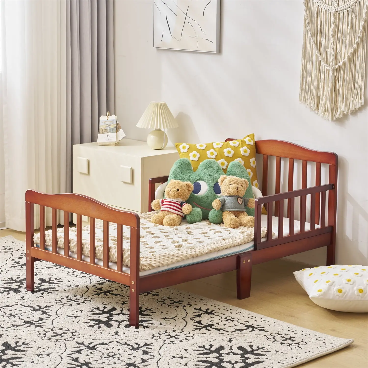 Classic Solid Wood Toddler Bed Frame with Safety Rails, 53x30x24.5" Rectangular Espresso Nursery Furniture
