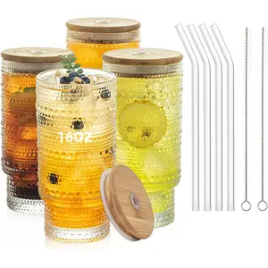 16oz Drinking Glasses with   and Glass Straw 4 count Set,Glass Tumbler Cups,Water Glasses,Iced Coffee Glasses,iced  Glasses, Glasses,Ideal for ,2 Brushes