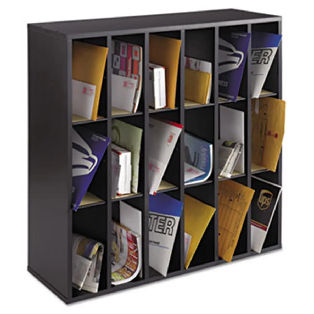 Black Compressed Wood Mail Sorter - Stackable Organizer for Study, 18 Compartments, Adjustable Hardboard Dividers, Open Front, Durable Laminate Finish, 4.875x11.75x10.25in, Accommodates Oversized Envelopes