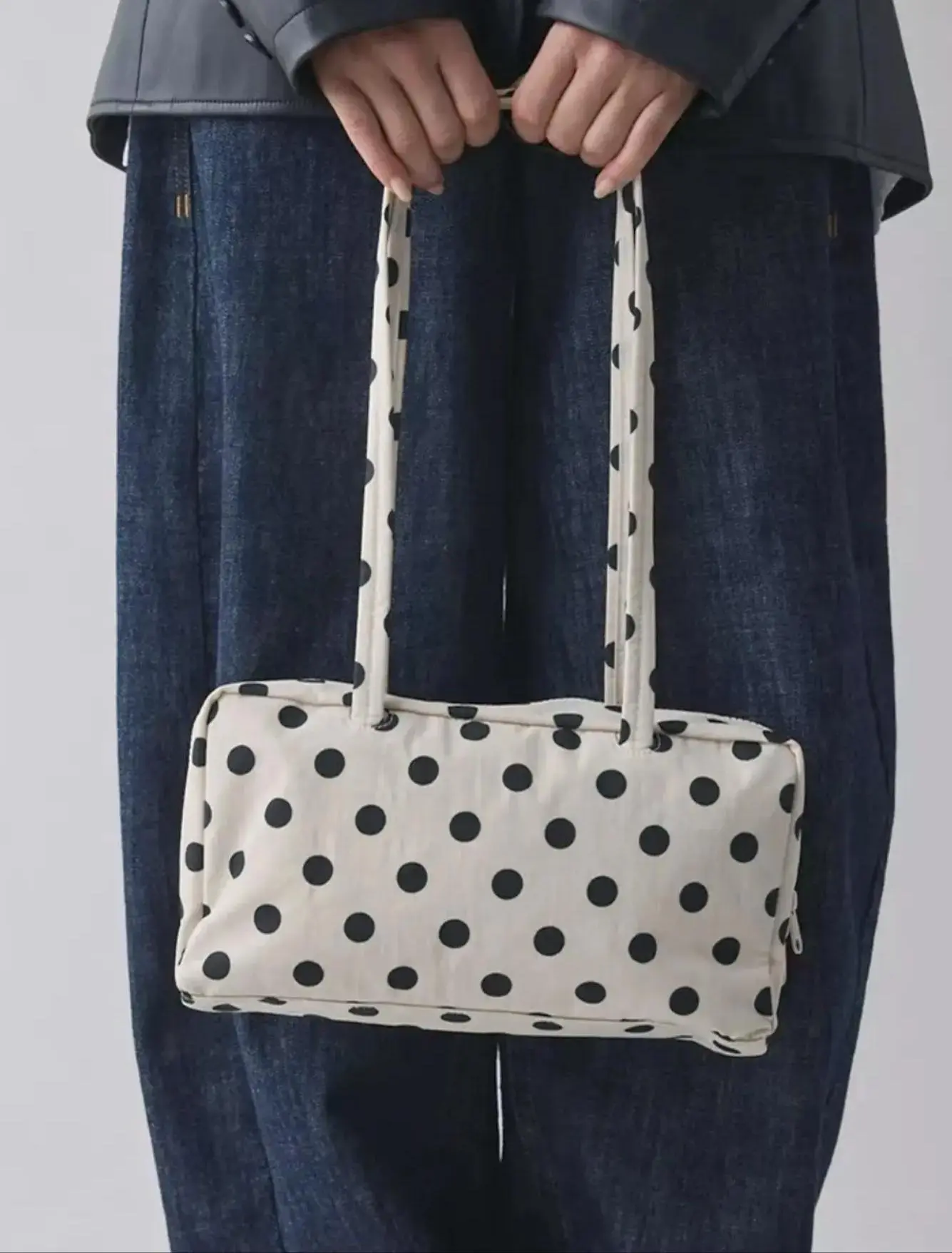Rectangular polka-dot lunch box bag for commuting, Korean-style nylon bowling bag, retro French-style multifunctional women’s handbag, casual large everyday work bag for commuting, lightweight multifunctional tote bag, casual everyday shoulder bag, high-q