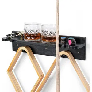 Bamboo Pool Cue Holder Wall Mount, 4 Cue Rack with Ball Rack & Drink Holder, Black, 15.7 x 4.3 x 4.3 Inches