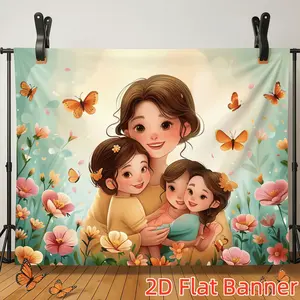 1PC,2D Flat Customize Backdrop Mother's Day Warm Family - Themed Decorative Backdrop, Parent - child Interactive Scene Decoration Backdrop, Flower And Butterfly Element Festival Decoration Backdrop,
