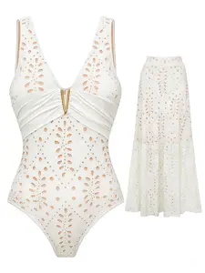 Women's Hollow Out V Neck One-Piece Swimsuit + Skirt Two Piece Set, Boho Style Slimming Swimwear, Leaf Print Sleeveless Push Up Bikini