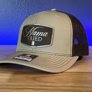 MAMA TRIED Funny Gold + Brown Leather Patch Hat Khaki/Brown