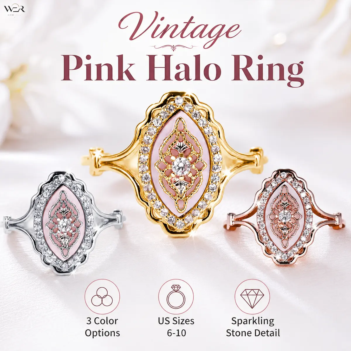 Vintage Pink Halo Ring with Enamel Stone for Women and Girls, Sparkling & Lightweight Statement Jewelry in Gold, Silver, Rose Gold, US Sizes 6-10, Rings For Women, Ring Stack, Women/Girls