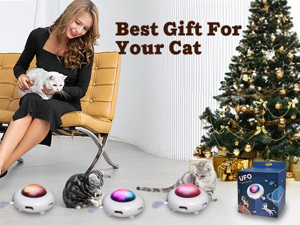 "Interactive Cat Toys for Indoor Cats，Replaceable and durable accessor，USB Rechargeable，White，Entertainment with 6pcs Feathers -UFO"