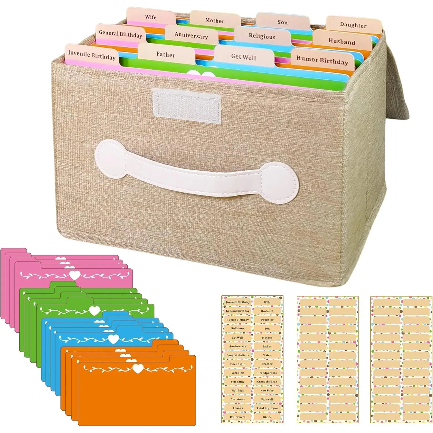 Solid Khaki Fabric Greeting Card Organizer Box with 16 Adjustable Dividers, Storage for Over 120 Cards - 1 Pack with 84 Labels, Holds Over 120 Cards, Khaki 1 Pack