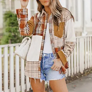 Orange Plaid Color Block Patchwork Corduroy Jacket with Pocket for Spring & Autumn Casual Everyday Wear