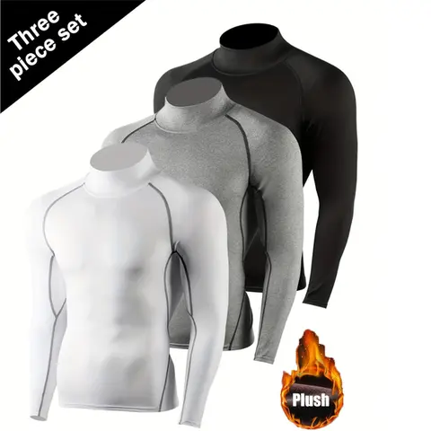 VRYXAL Men's 3-Piece Skinny Thermal Lined Compression Training Shirts - 95% Polyester 5% Elastane Winter-Ready Knit, Long Sleeve Stretch Solid Color, UV-Protective Outdoor Sports Base Layer, Hand Washable