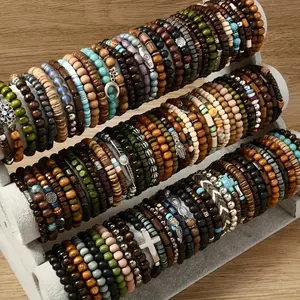36Pcs Assorted Wooden Beaded Bracelets, Uncoated Metal, Zinc Alloy Charms, Women's Men's Fashion Jewelry, Handmade, Christmas Gift, Random Selection