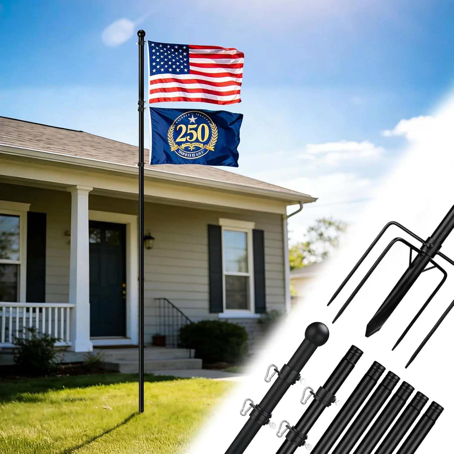 10 FT In Ground Flag Poles for Outside House - Fit for 2 Flags Extra Thick Flag Pole Kit with 5 Prongs Base, Windproof Ground FlagPoles for Residential Small Medium Lawn Temporary Event