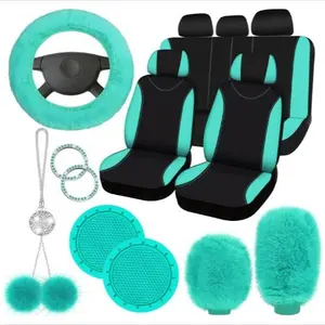 Fulmoon 17 Pcs Car Seat Cover Full Set for Women Universal Fit Car Front Rear Fluffy Steering Wheel Fleece Handbrake Shift Covers Hanging Accessory Holder Ring Emblem(Mint Green Black)