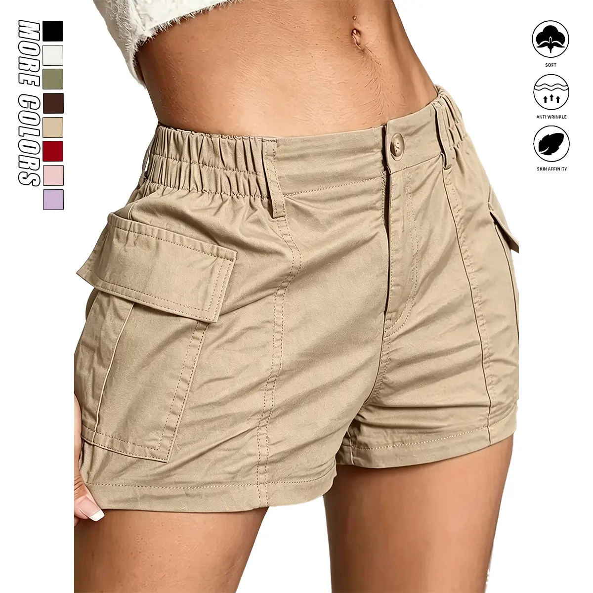 Women’s summer cargo shorts with a button waistband and large pockets, available in multiple colors. Suitable for everyday casual wear in summer. High-waisted women’s cargo shorts with a new multi-pocket design that provides a slimming, figure-flattering