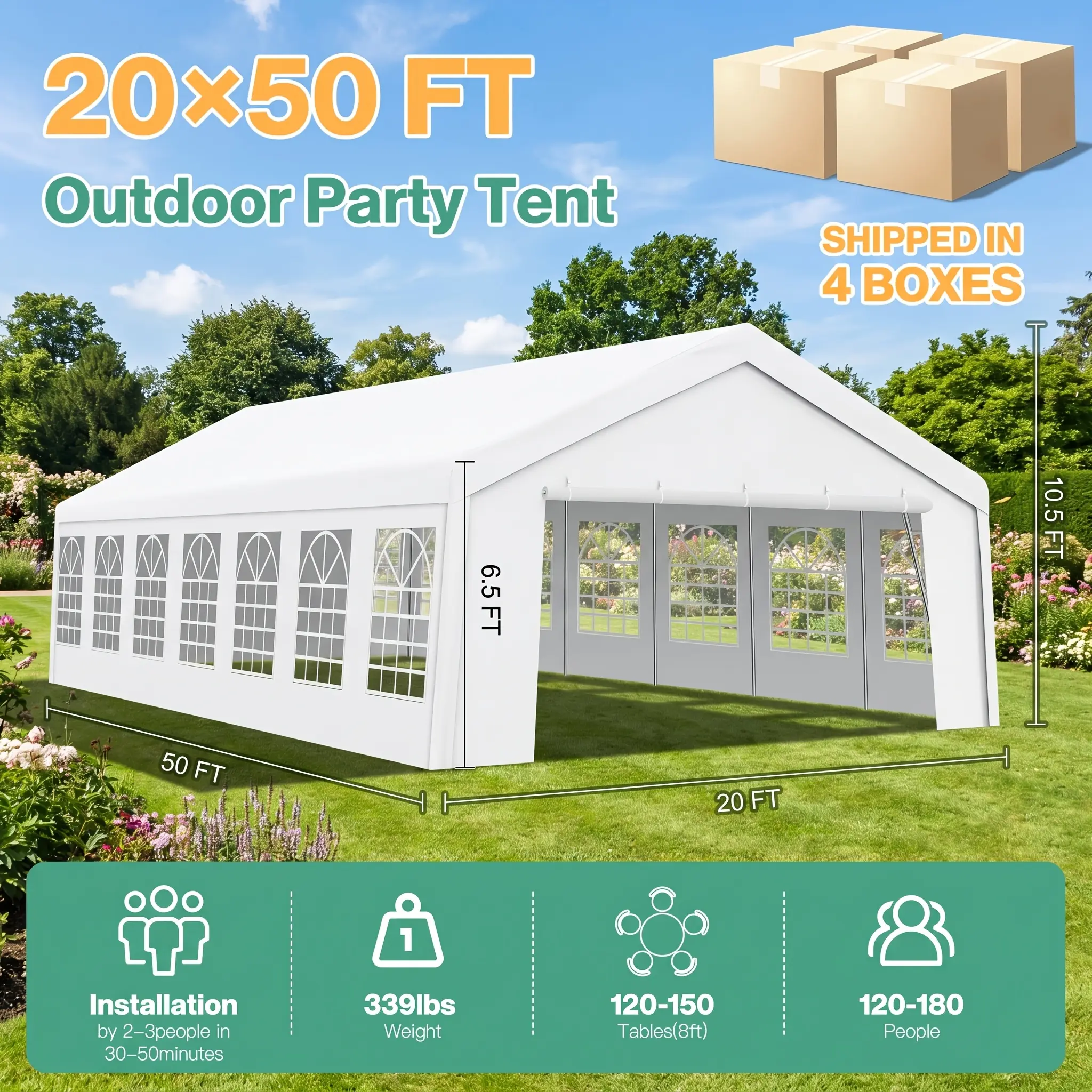 50x20FTParty Tent, Heavy-duty Canopy (with Removable Sidewalls), Featuring 14 Cathedral Windows And Sidewalls, Built-in Sandbags, Suitable for Outdoor Parties, Weddings, Emergency Shelters, And Commercial Use; Large White Wedding Tent with Drawstring