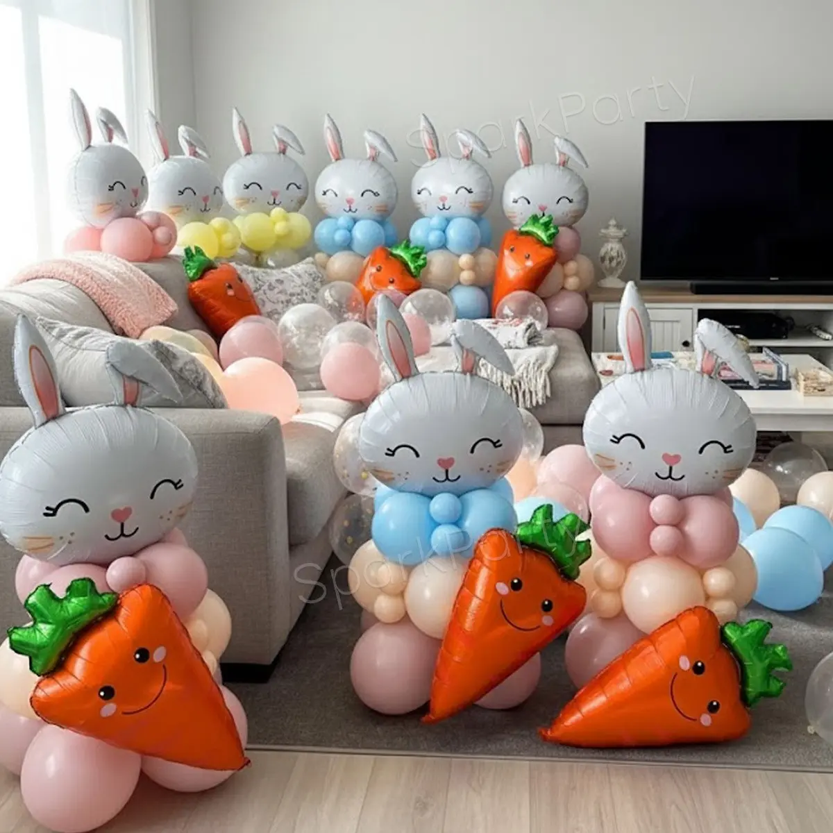 Easter Party Decoration Balloon Set, Giant Cute Curly Ear Rabbit Foil Balloons, 12 Inch Transparent Latex Balloons, Easter Arch Decorations, Balloon Arch Kit