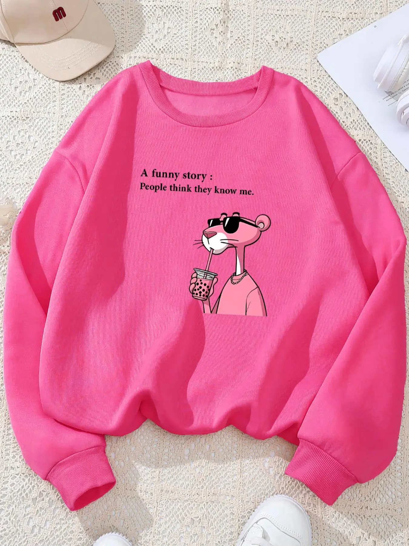 Women's Cartoon & Letter Print Drop Shoulder Knit Sweatshirt, Casual Long Sleeve Round Neck Pullover for Fall & Winter, Ladies Clothes for Daily Wear Womenswear