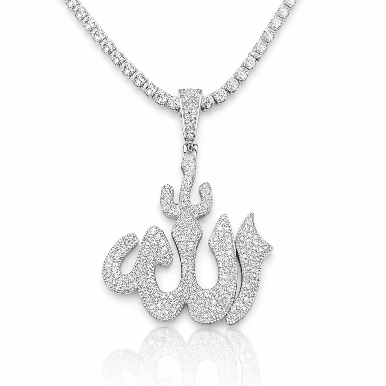 925 Silver Moissanite Allah Charm Necklace - Arabic Calligraphy Micropaved Ethnic Jewelry for Muslim Adults, Faith Wear, Diamond Look All-Season Accessory