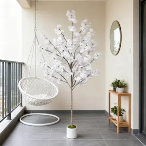 1 Count 130-180CM New Artificial White Cherry Blossom Wish Tree, Decorative Fake Tree, Fake Blossom Plants, Home Decor with Plastic Pot and Moss, Indoor Outdoor Decoration for Weddings Parties Garden Office