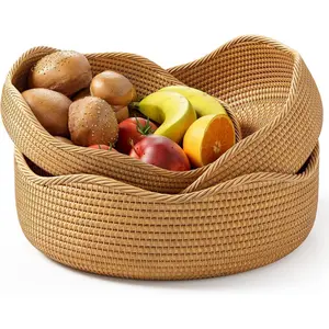 Rattan Bread Basket, 3 Pack Hand Woven Round Fruit Baskets for Serving, Picnic Basket, Wicker for the Living Room (Honey Brown)