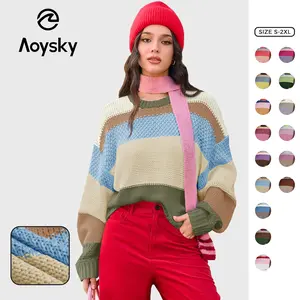 Aoysky Womens Color Block Cropped Sweaters 2026 Winter Trendy Casual Oversized Y2k Going Out Striped Pullover Tops