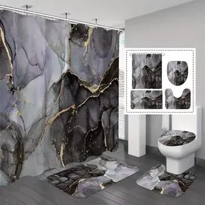 Marble Pattern Shower Curtain Set, 4 Counts/set Waterproof Bath Curtain U-shaped Mat and Toilet Cover Mat Set, Bathroom Decoration Accessories