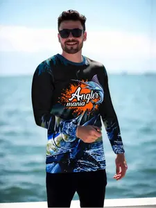 Men's Fishing Long Sleeve Shirt, Angler Mania Lettering, Marlin/sailfish Graphics, Ocean Wave Prints, Crew Neck, Polyester, Outdoor Casual Wear, Sports Top, Fishing Apparel