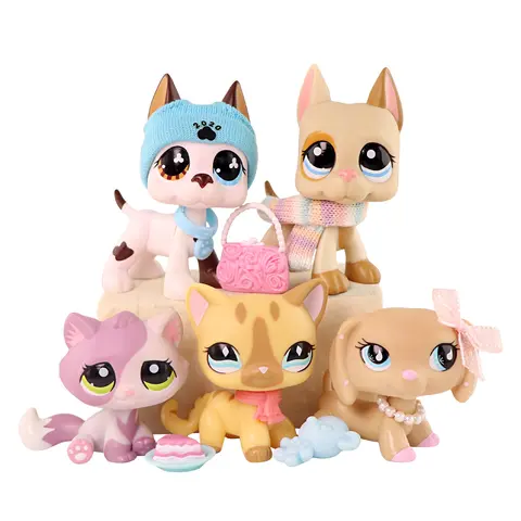 5 Pcs Little Pet Action Bobble-head Figures Dashchund #909 Great Dane #577 #1647 Shorthair Cat #886 Sitting Cat #1660 with Cute Accesoires for Pet Collection Kids Gift Girl Play Figure Animal, Easter gift for kids