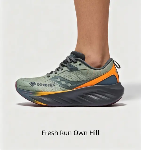 Green orange color-block waterproof performance running shoes windproof woven upper curved layered foam outsole padded ankle comfy rainy travel workout footwear