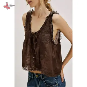 Women Vest, Sleeveless Button Vest Lace Patchwork Outwear Gilet for Casual Street