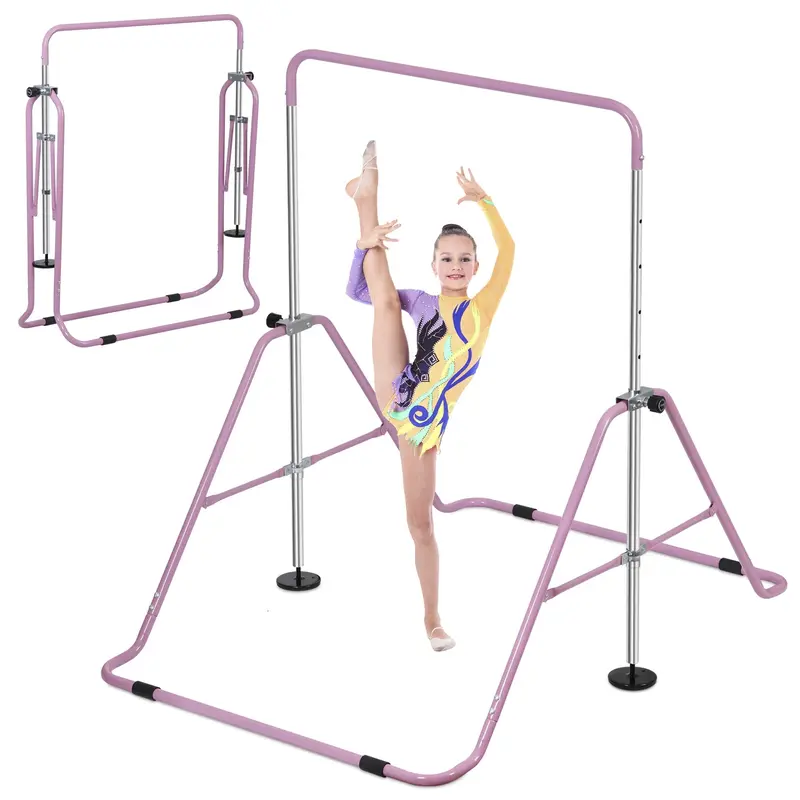 Zeny Kids Expandable Steel Junior Gymnastics Bar - 5 Adjustable Heights, 17.5lbs Pink Steel Gymnastics Equipment, Foldable Triangular Frame, Non-Slip Rubber Feet, Safe Design, 130lbs Capacity, Easy Install, Great Exercise Equipment for At-Home Sports Use