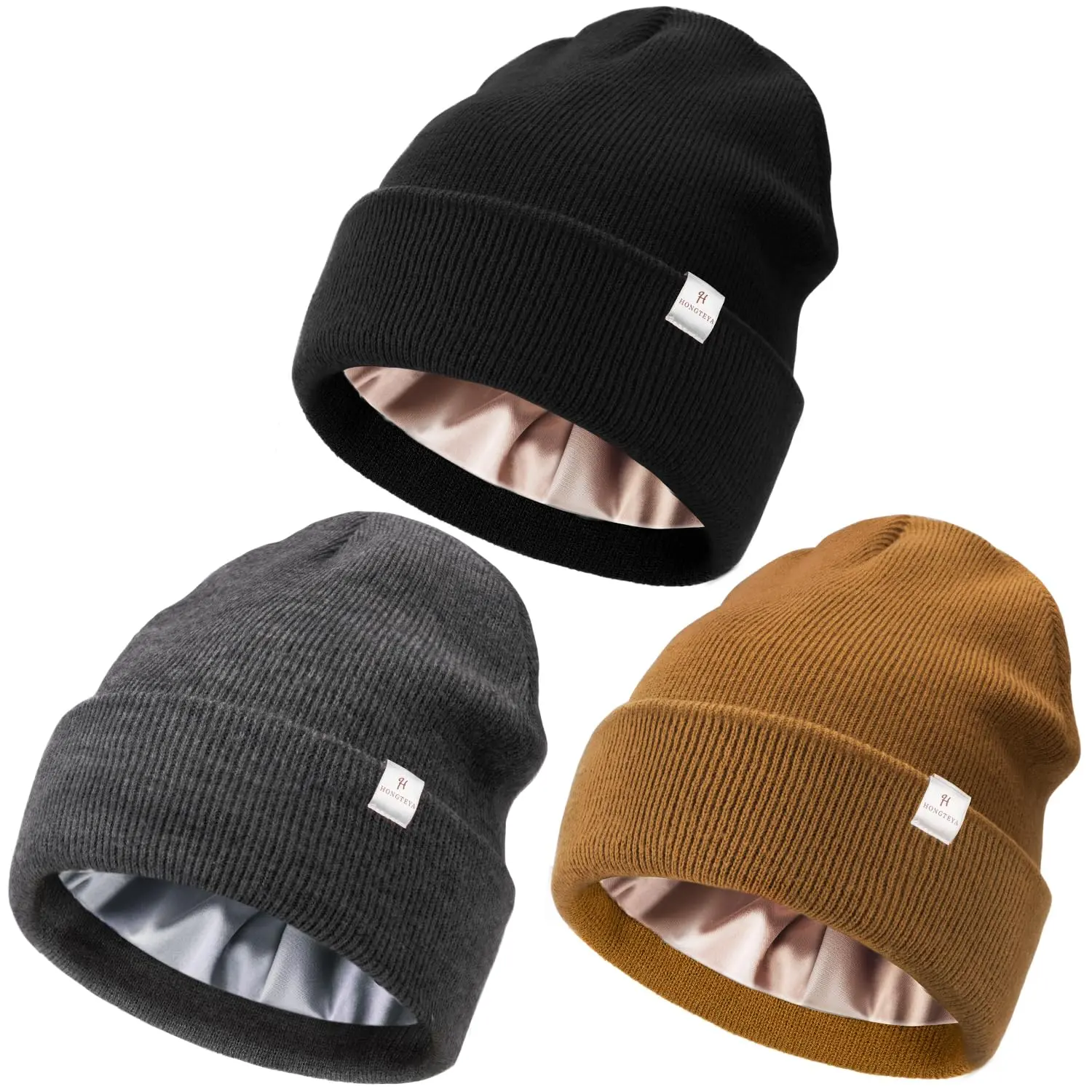 HONGTEYA Women's 100% Ultra-Soft Acrylic Satin-Lined Knit Beanie Hat - Warm Casual Wear Headwear for Cold Weather, One Size Fits, Indoor/Outdoor (Colors: Black+Apricot+Light Grey, Black+Black+Black)