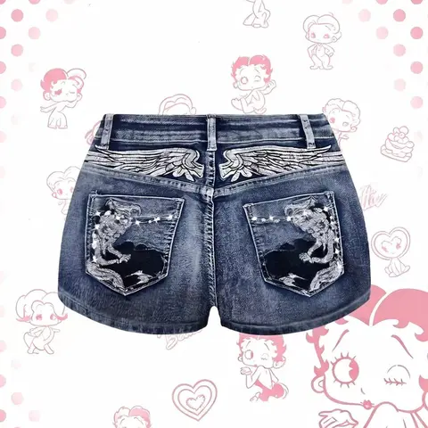 Women's Y2K go school shopping Punk Embroidered Denim Shorts, Teen Jean Shorts, Slim-Fit Mid-Waist Ultra-Short, Perfect for Dates, Parties, Graduation, Sexy Style