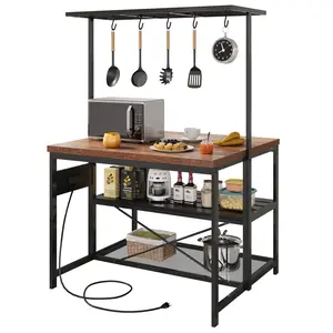 Multi Functional 3 Tier Kitchen Island Table with Power Outlet Wood Baker Rack Storage Organizer Microwave Stand with 5 S Hooks Heavy Duty 400lbs Kitchen Cart Coffee Breakfast Bar Utility Table for Small Space Apartment