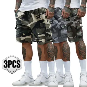 3-pack summer men's American street camouflage five-inch pants with multiple pockets, drawstring elastic waist, work pants, fitness commuting trendy bottoms