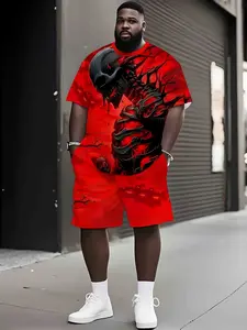 Men's 3D Skull Print Two-Piece Set, Short Sleeve Tee, Casual Round Neck Top, All-Over Print, Loose-Fit, Ideal for Gifting