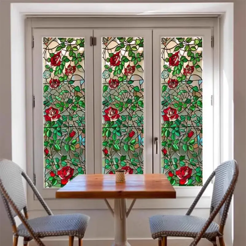 Retro Luxury Rose Glass Film Window Privacy Film Stained Glass Window Clings 3D Red Rose Decorative Sticker Girl Room Accessories Flowers