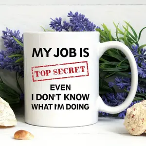"Top Secret" Ceramic Coffee Mug - "Even I Don't Know What I'm Doing" Design, White with Red Stamp Text, Perfect for Summer & Winter Drinks,