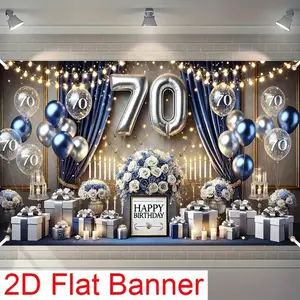1pc 2D Flat Banner 70th Birthday pty Backdrop - Elegant Blue Silvery Metallic Design Balloons Roses "Happy Birthday" Text cm Polyester Perfect 70th Birthday celebs Indoor/Outdoor Use Birthday pty d White