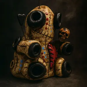 Creepy-Cute OOAK Voodoo Doll Incense Burner Hand-Painted with Stitched Details Red Heart & Skull Pins Witchy Altar Must-Have 4" H x 3" L x 2" W