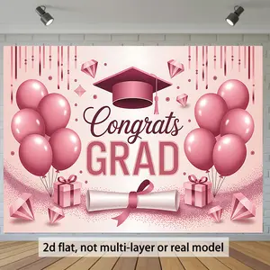 2D flat banner, Congrats GRAD: Pink graduation celebration with balloons and diploma Durable background fabric suitable for classrooms, offices, and activities - ideal for photo booth props and home decorations, 2D Flat