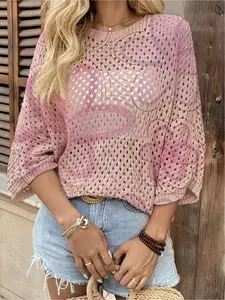 Spring/Summer style, crew neck hollow-out loose batwing raglan sleeve cover-up, contrast cartoon floral print women's knitted top, vacation style, casual and elegant for commuting, women's vest cover-up, bikini cover-up, boho vacation style beach cover-up