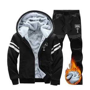 Men's Variety Pack, Winter Men's 2-Piece Hooded Sports Set with Zipper Pockets and Letter Print, Fleece Lined Thickened Perfect for Skiing, Casual Wear