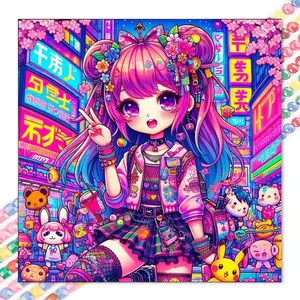 1 DIY diamond painting kit, 5D diamond art set, DIY decoration, neon street scene, anime characters, cute elements. Diamond painting kit full round drills, mosaic, diamond art, DIY art home decoration, suitable for Christmas.