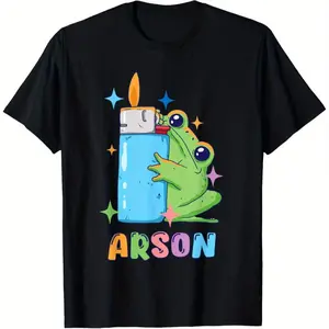 Funny Fire Frog Match & Flame Graphic Cotton T-Shirt For Men, Dark Humor Black Casual Outfit Ideal Holiday Gift For Comedy Lovers