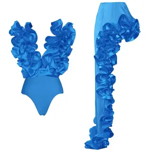 Blue Color Bikini Big  Ruffle 2025 Swimsuit 2 pcs One-pieces +Cover-up Skirt Bikini Befree Body Two piece Beach Party
