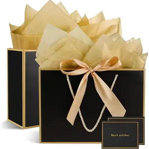 Bags for Present, 2 count Medium  Bags with Tissue Paper and Cards,  Bag for Birthdays,  Shower, Wedding, Party Favor, Holiday Presents 11"X7.9"X3.9" (Black and )