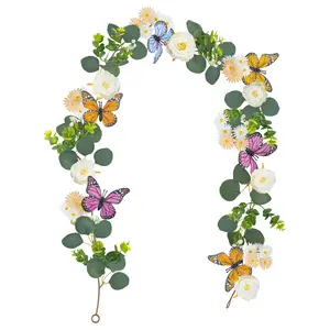 66.9 Inch Artificial Daisy Garland with Butterfly and Rose, Green Garland with Flowers, Artificial Faux Eucalyptus Leaves Vines for Table Mantle Home Wedding Party Indoor Outdoor Decor, Artificial Spring Vine, Garden Decorations